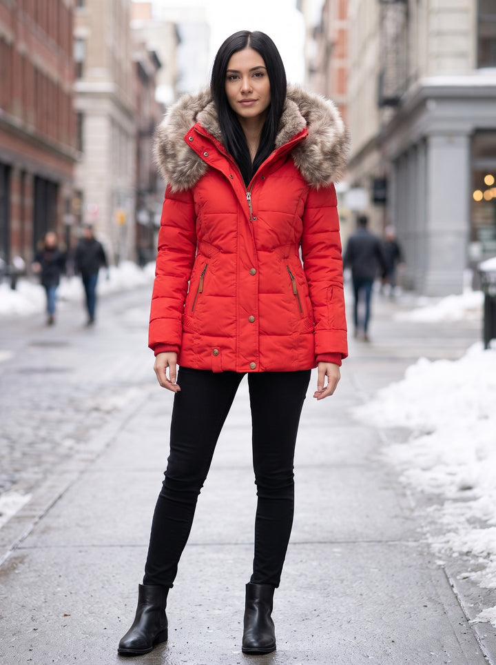 Women's Quilted Parka with Faux Fur Hood in red