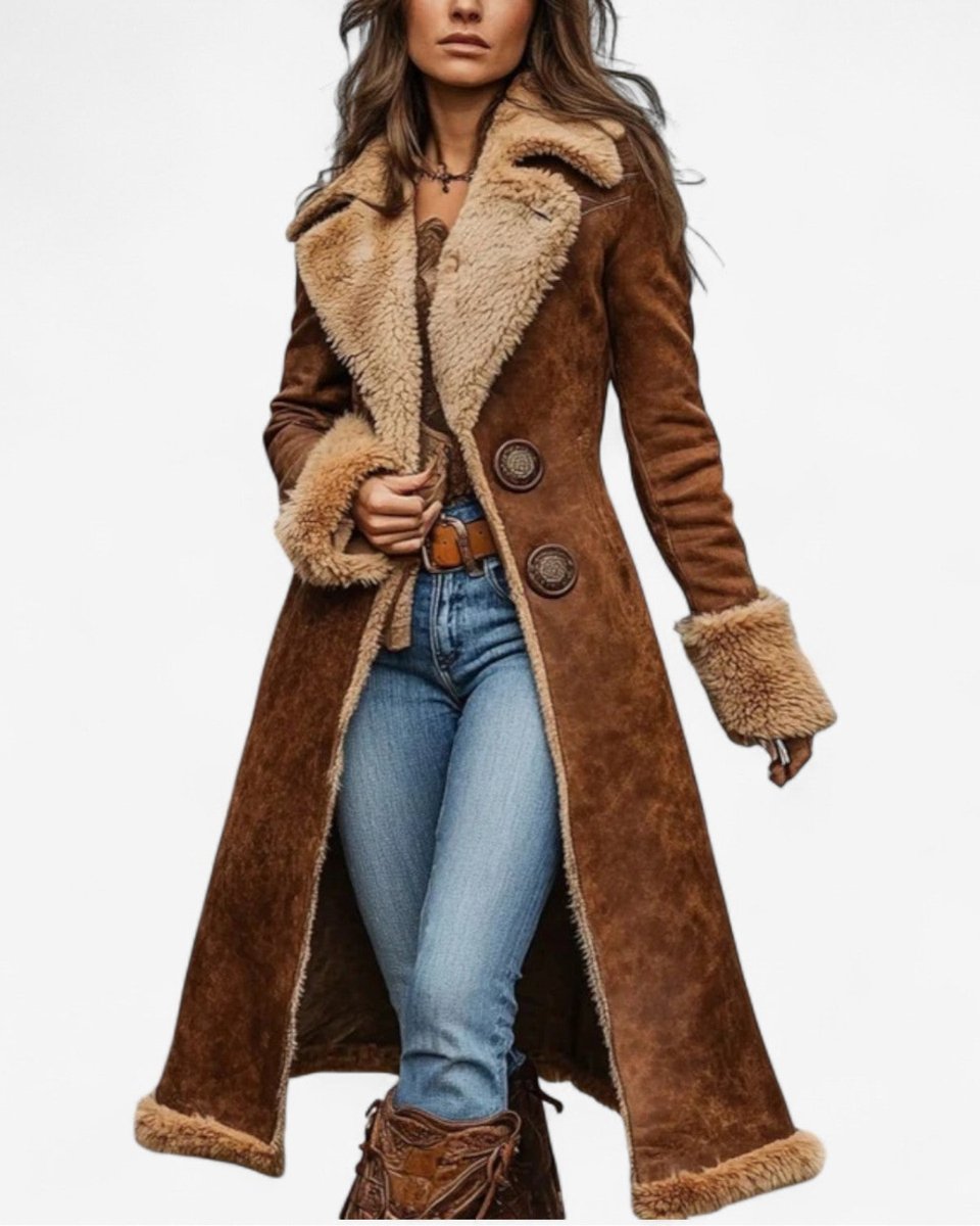 Women's Long Faux Suede Coat with Shearling-Look Trim
