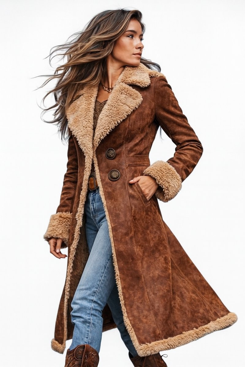 Women's Long Faux Suede Coat with Shearling-Look Trim