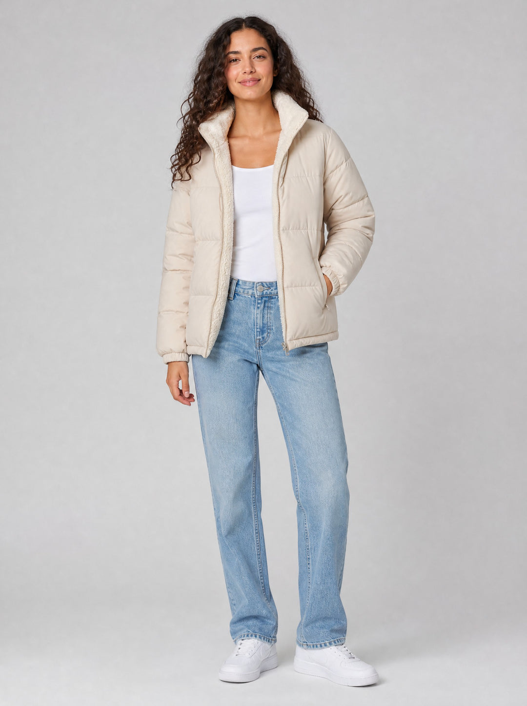 Women's Reversible Sherpa Puffer Jacket in cream