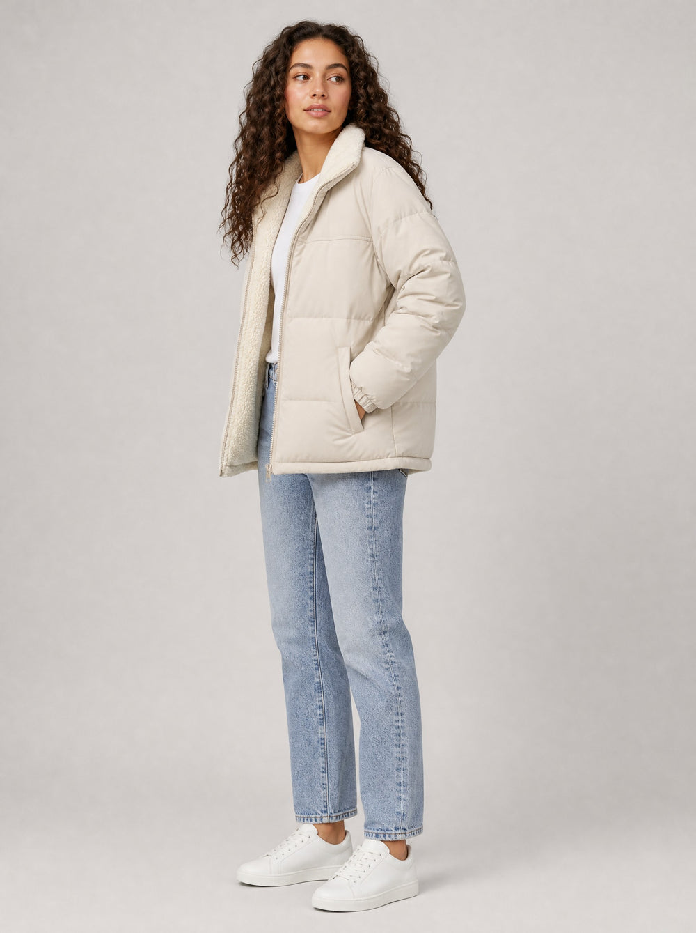 Women's Reversible Sherpa Puffer Jacket in cream