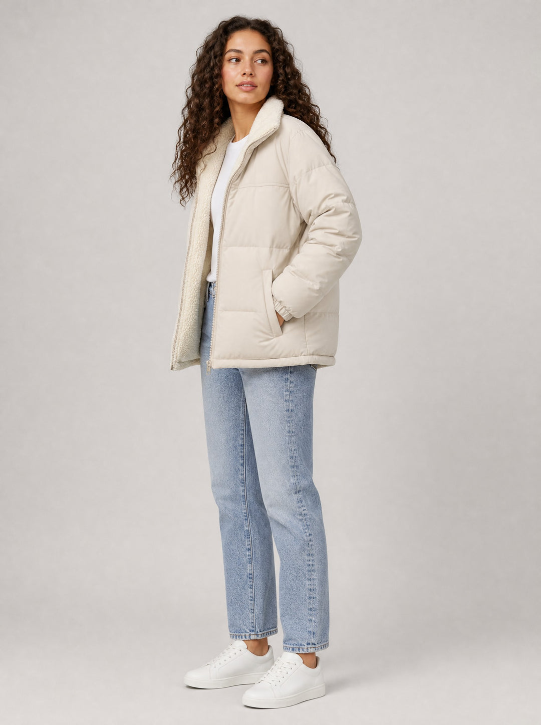 Women's Reversible Sherpa Puffer Jacket in cream