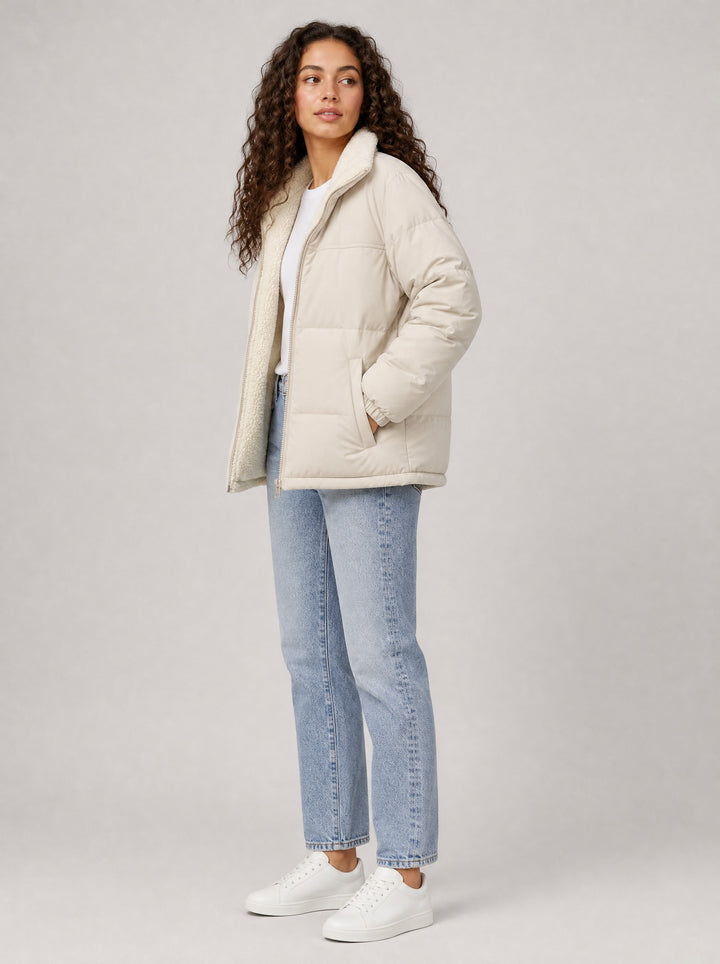 Women's Reversible Sherpa Puffer Jacket in cream