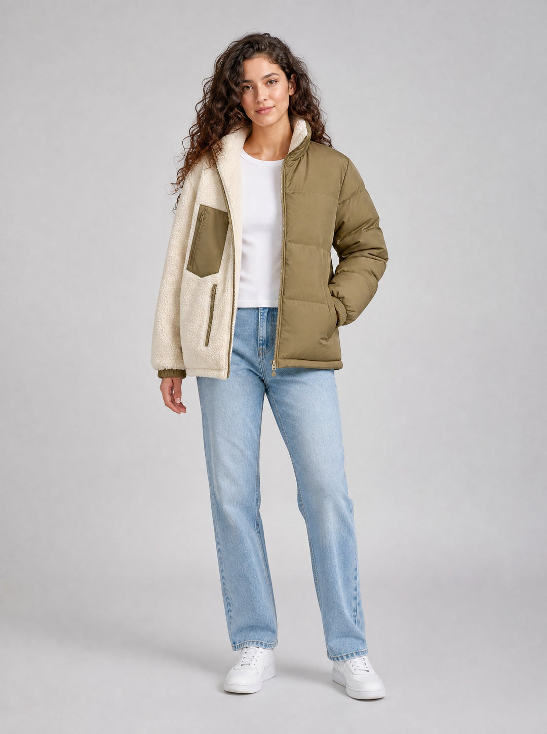 Women's Reversible Sherpa Puffer Jacket in khaki