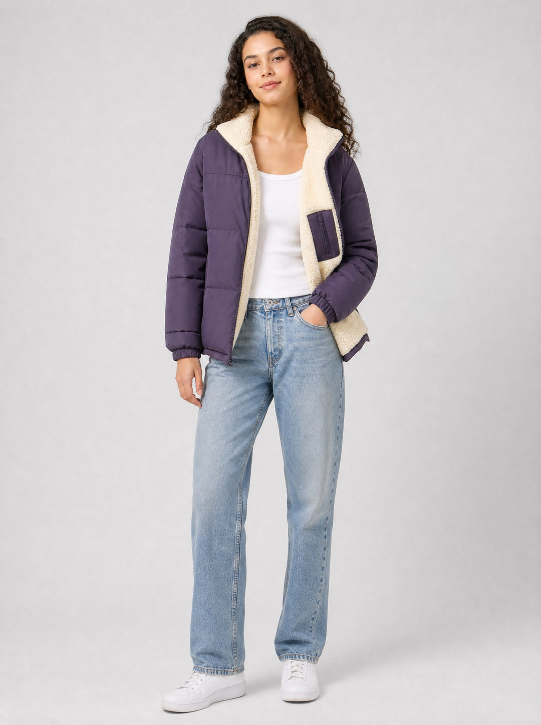 Women's Reversible Sherpa Puffer Jacket in plum