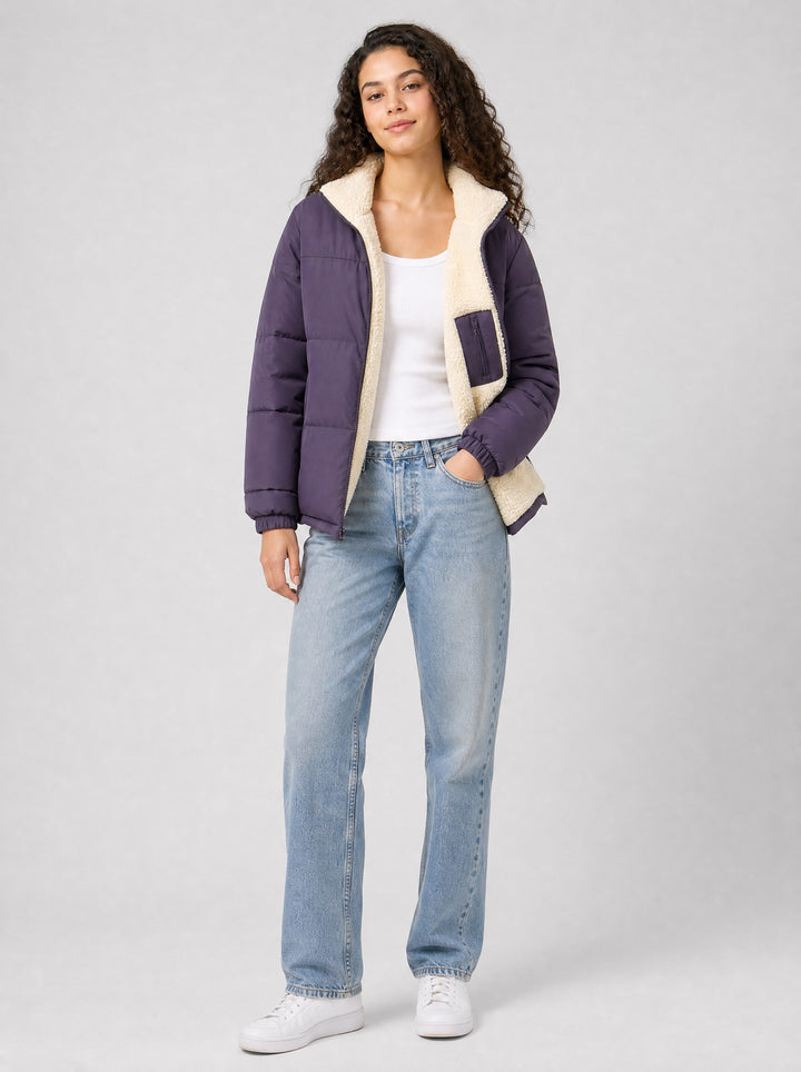 Women's Reversible Sherpa Puffer Jacket in plum