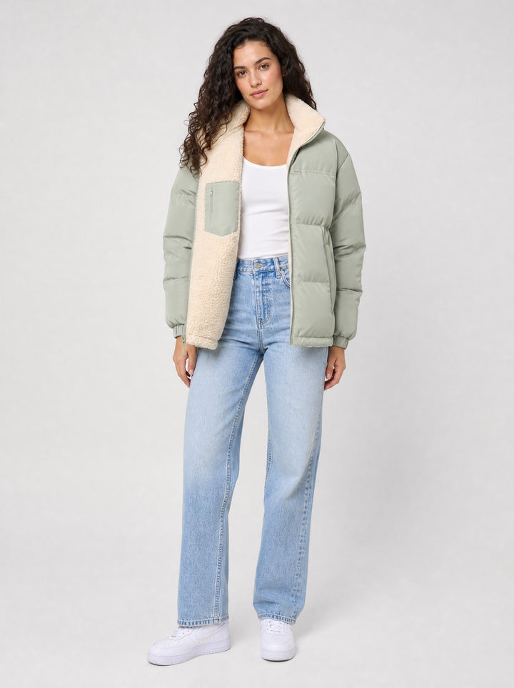 Women's Reversible Sherpa Puffer Jacket in sage