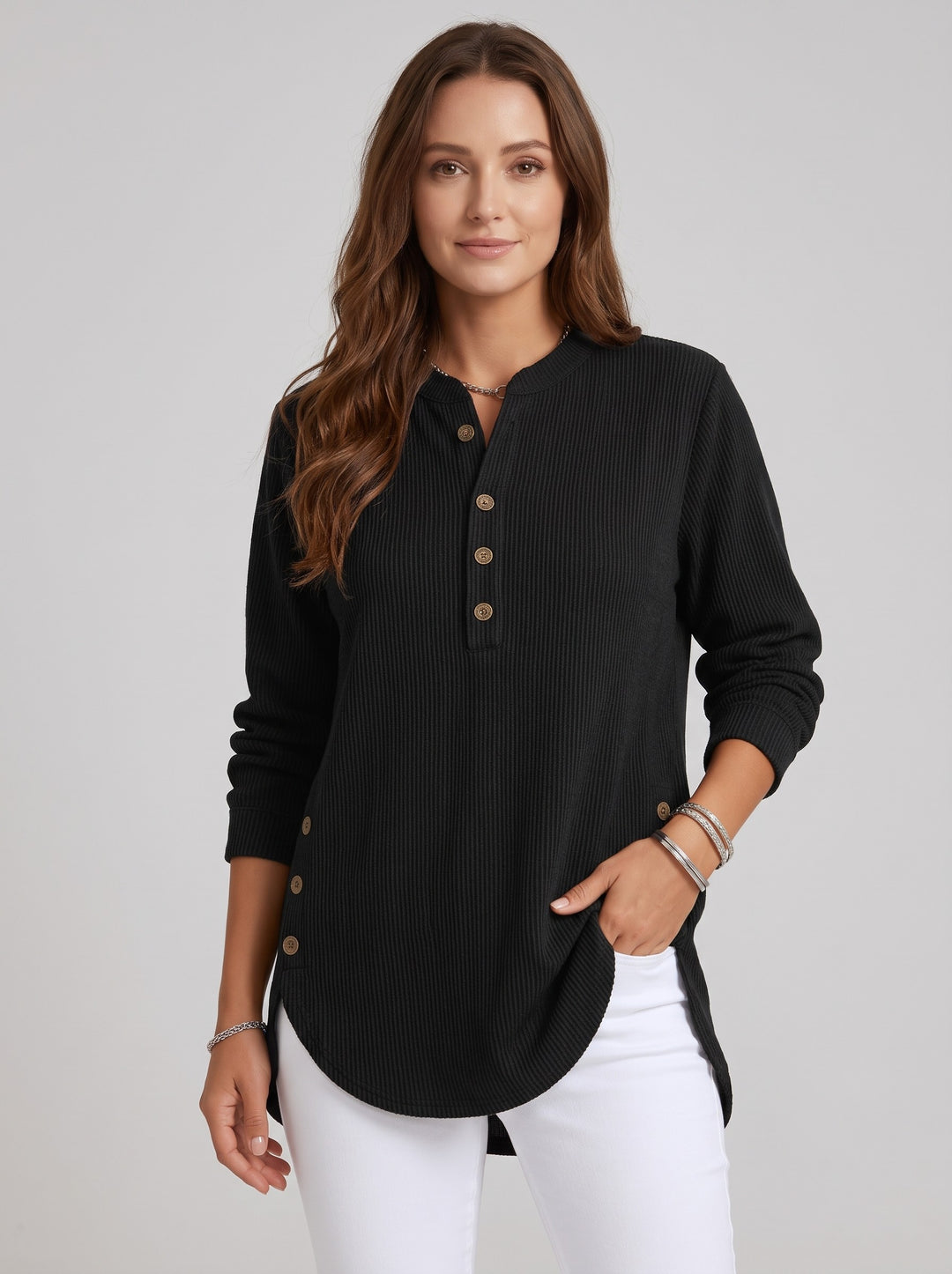 Women's Ribbed Henley Tunic Top in black