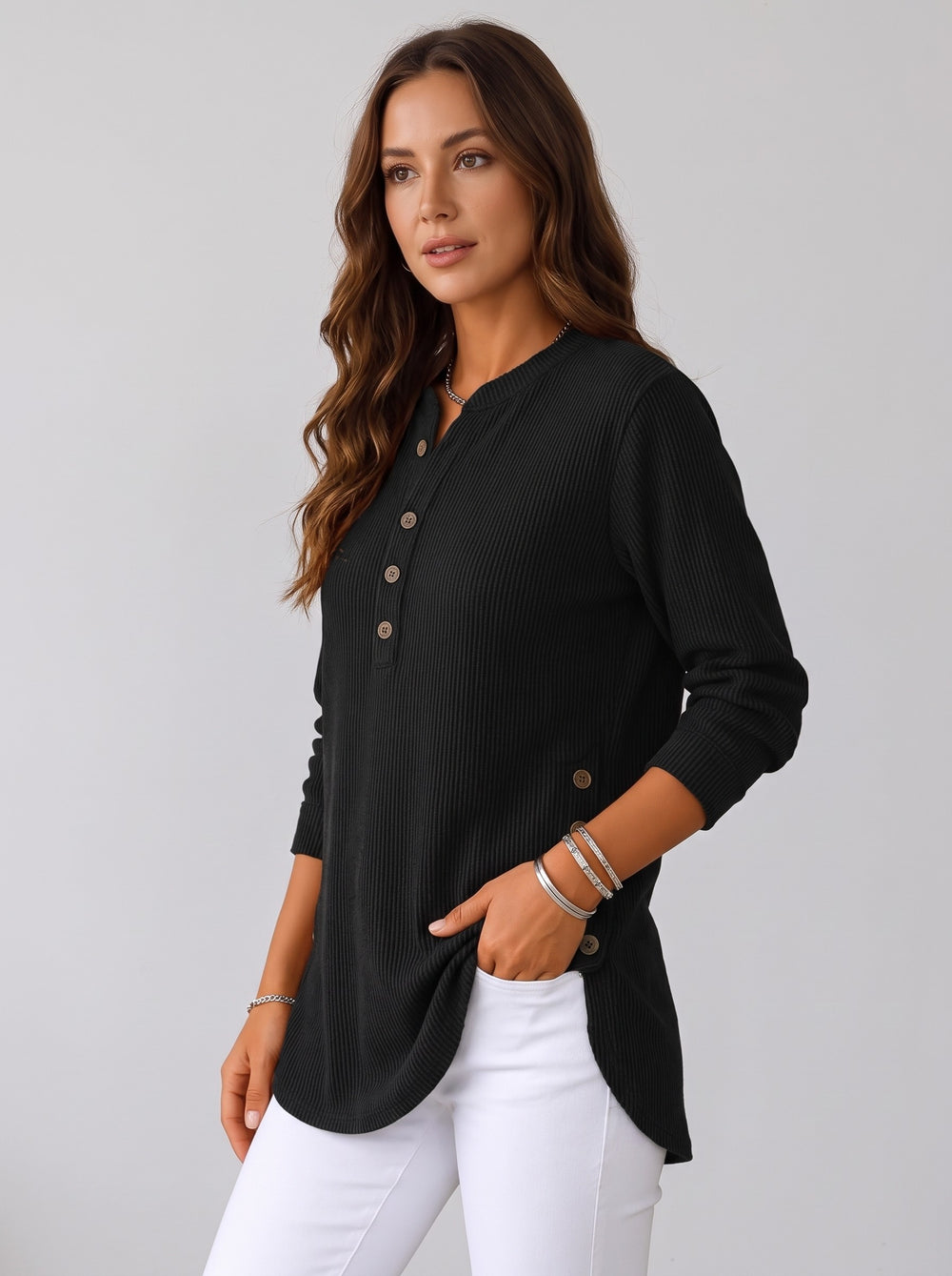 Women's Ribbed Henley Tunic Top in black