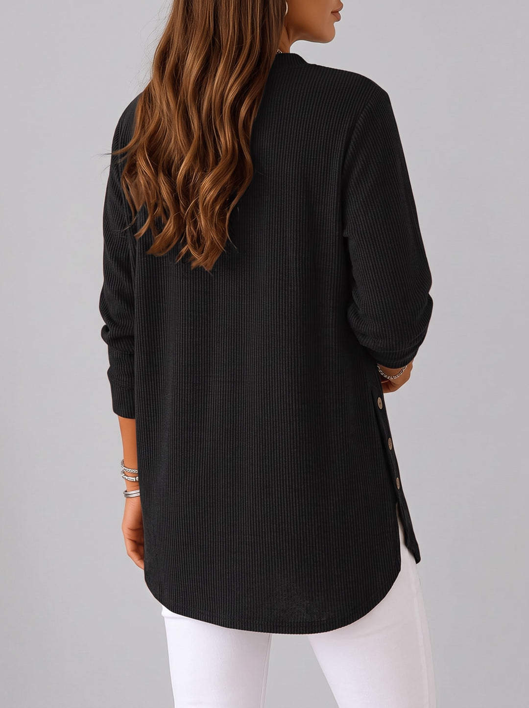 Women's Ribbed Henley Tunic Top in black