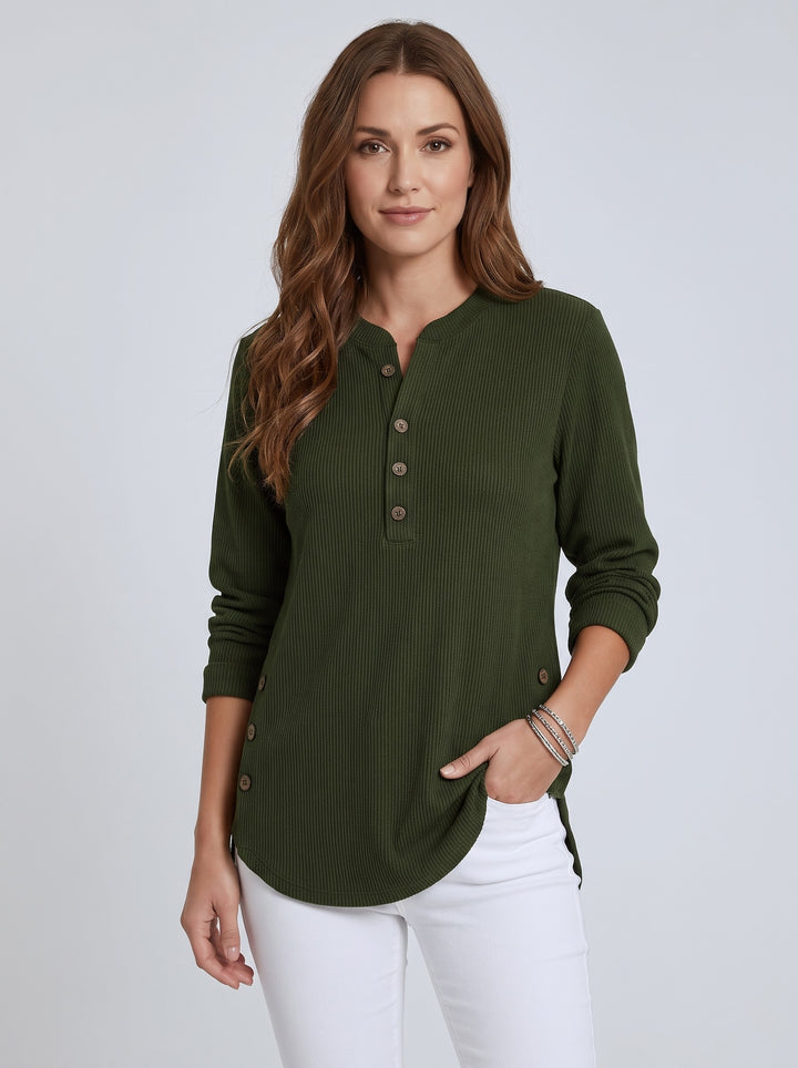 Women's Ribbed Henley Tunic Top in dark green