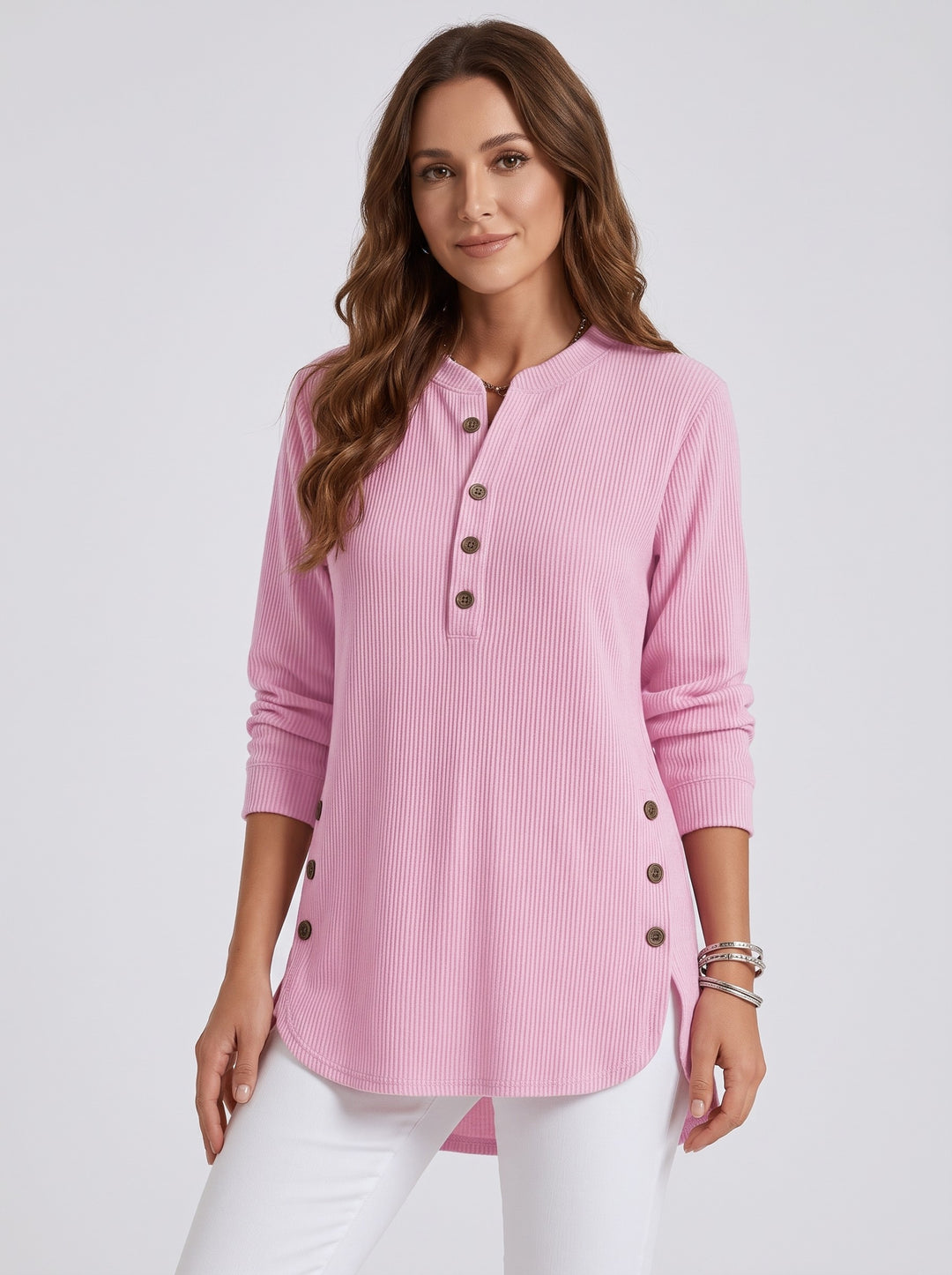 Women's Ribbed Henley Tunic Top in pink