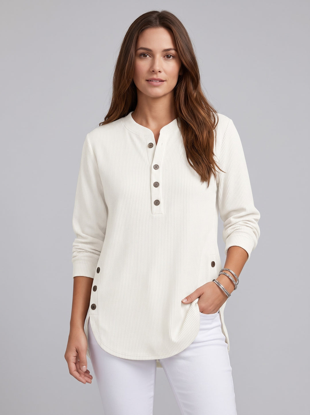 Women's Ribbed Henley Tunic Top in white