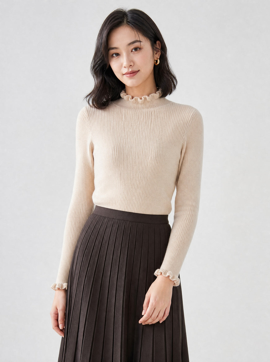 Women's Ruffle Trim Ribbed Jumper in beige