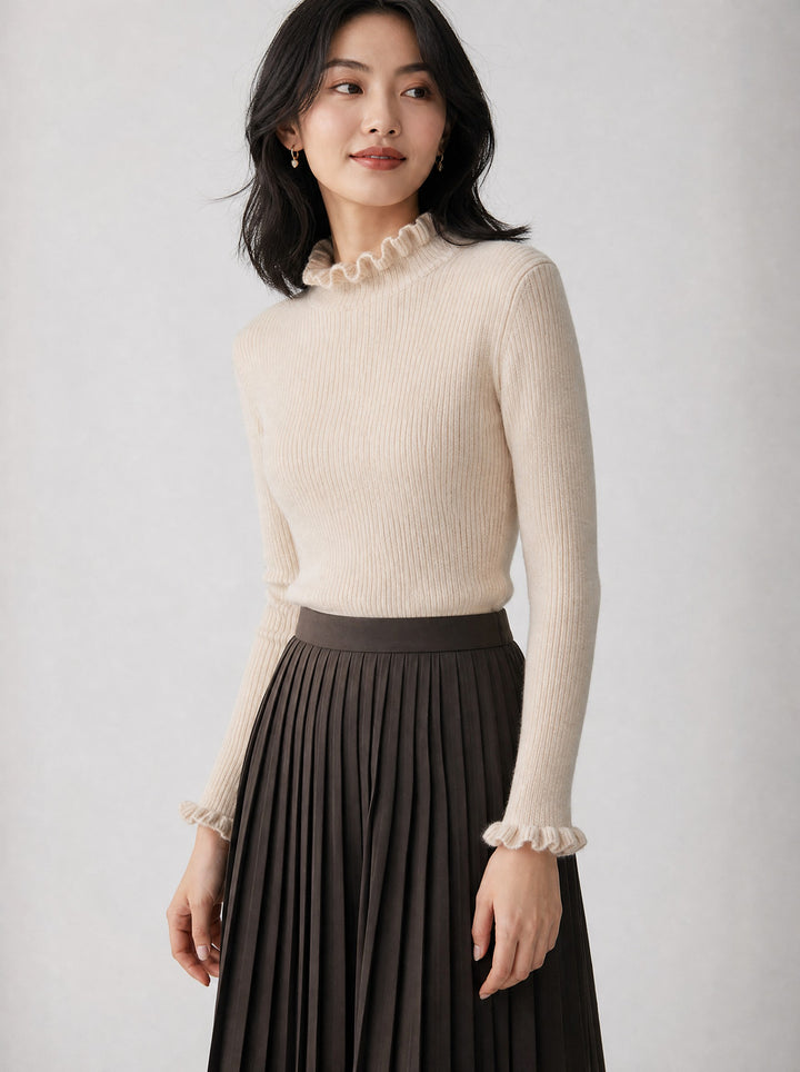 Women's Ruffle Trim Ribbed Jumper in beige