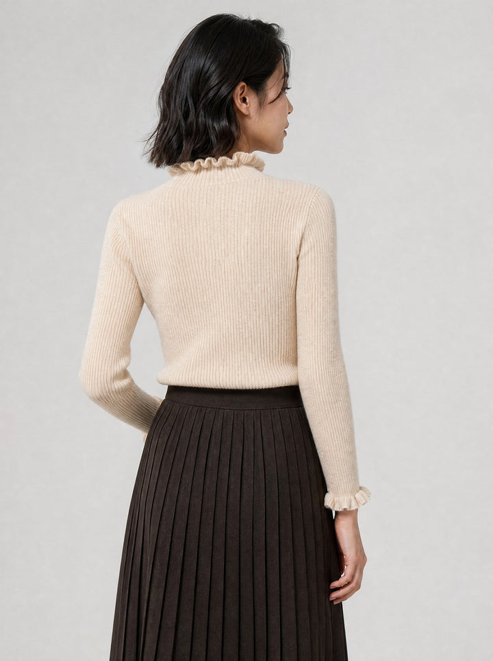 Women's Ruffle Trim Ribbed Jumper in beige