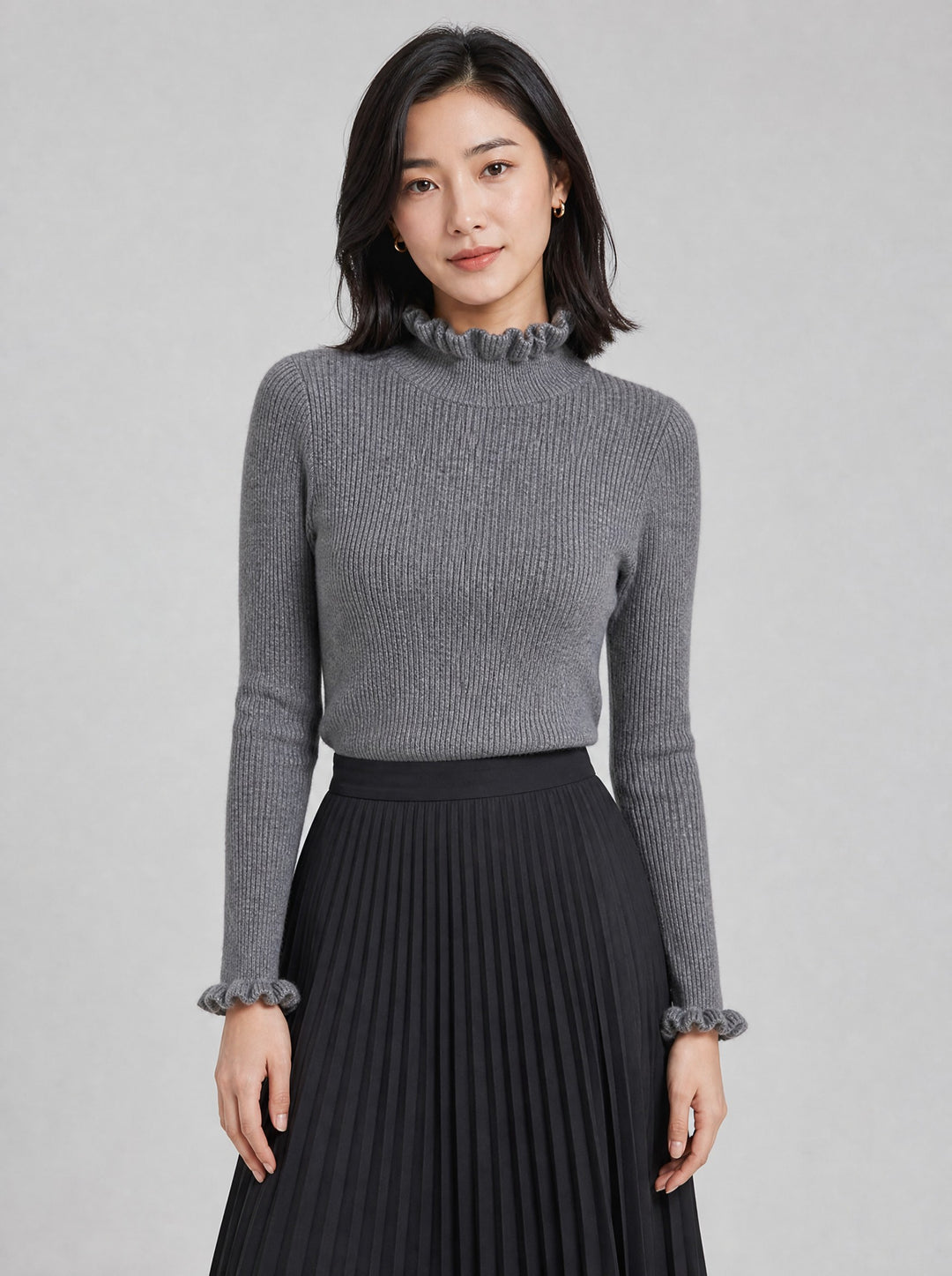 Women's Ruffle Trim Ribbed Jumper in grey
