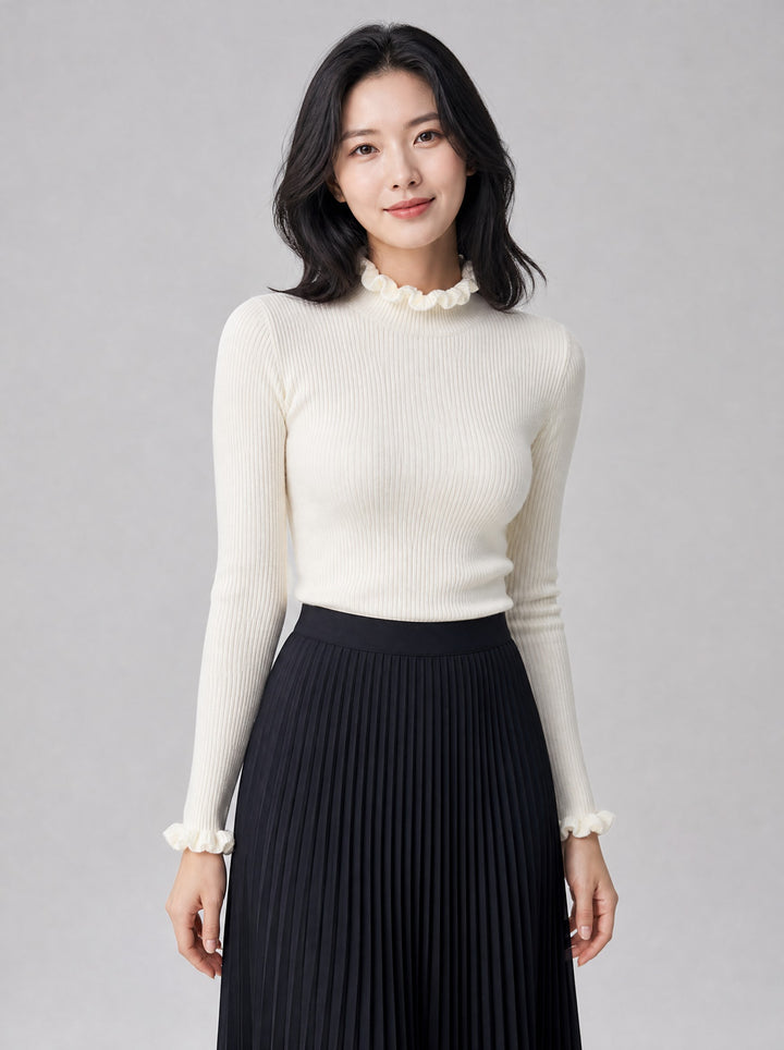 Women's Ruffle Trim Ribbed Jumper in ivory