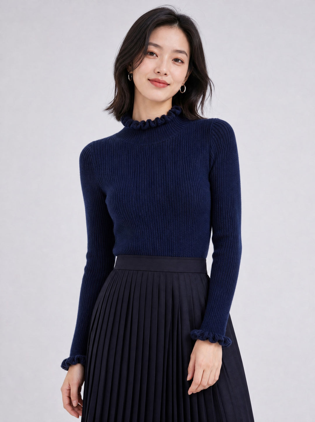 Women's Ruffle Trim Ribbed Jumper in navy