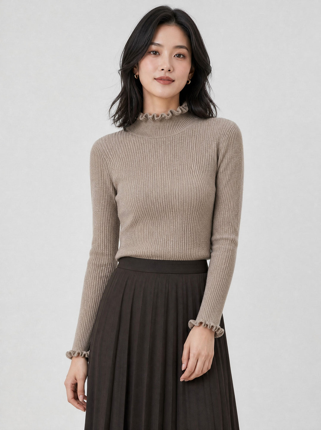 Women's Ruffle Trim Ribbed Jumper in taupe