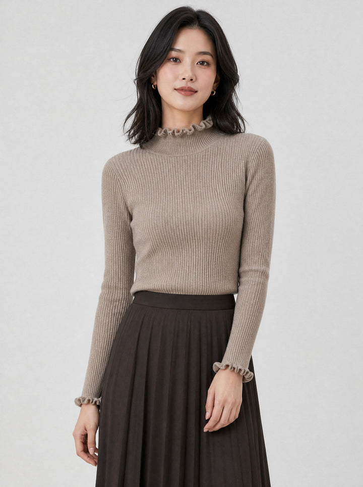 Women's Ruffle Trim Ribbed Jumper in taupe