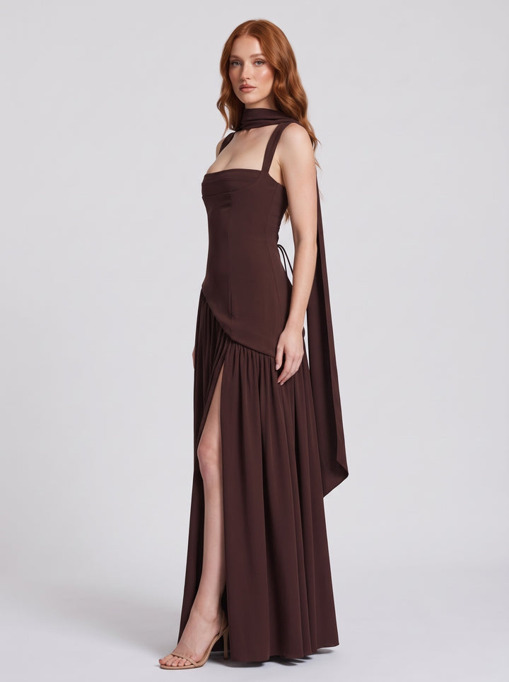 Women's Draped Satin-Feel Maxi Dress in brown