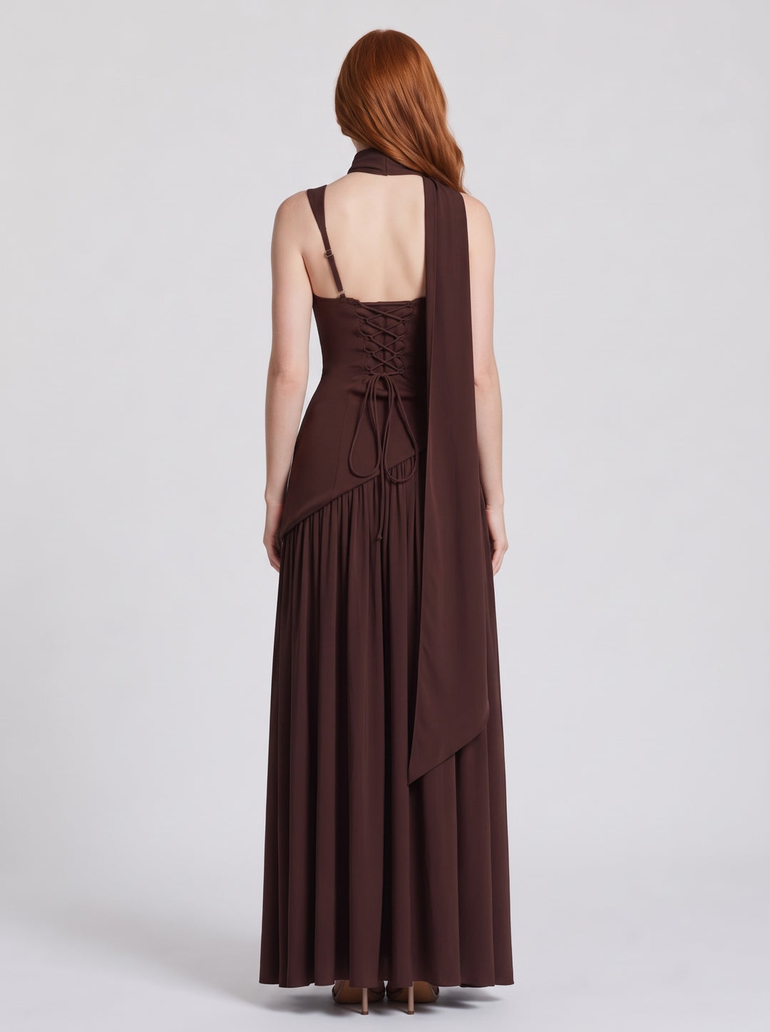 Women's Draped Satin-Feel Maxi Dress in brown