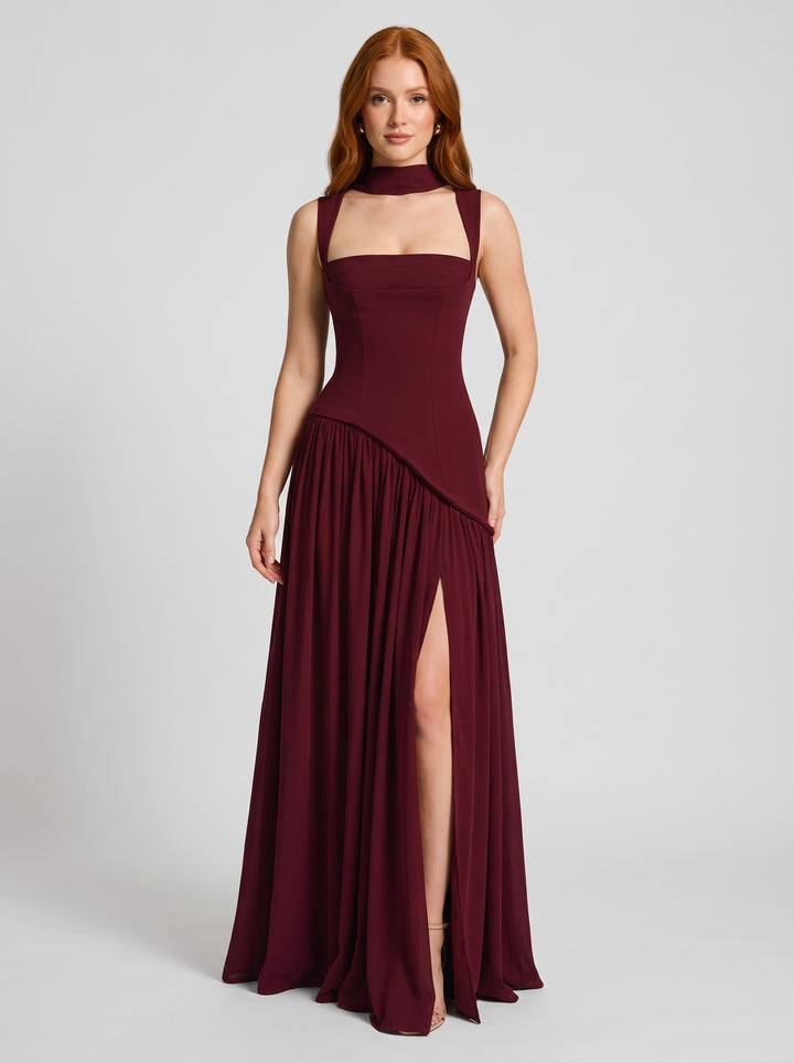 Women's Draped Satin-Feel Maxi Dress in burgundy
