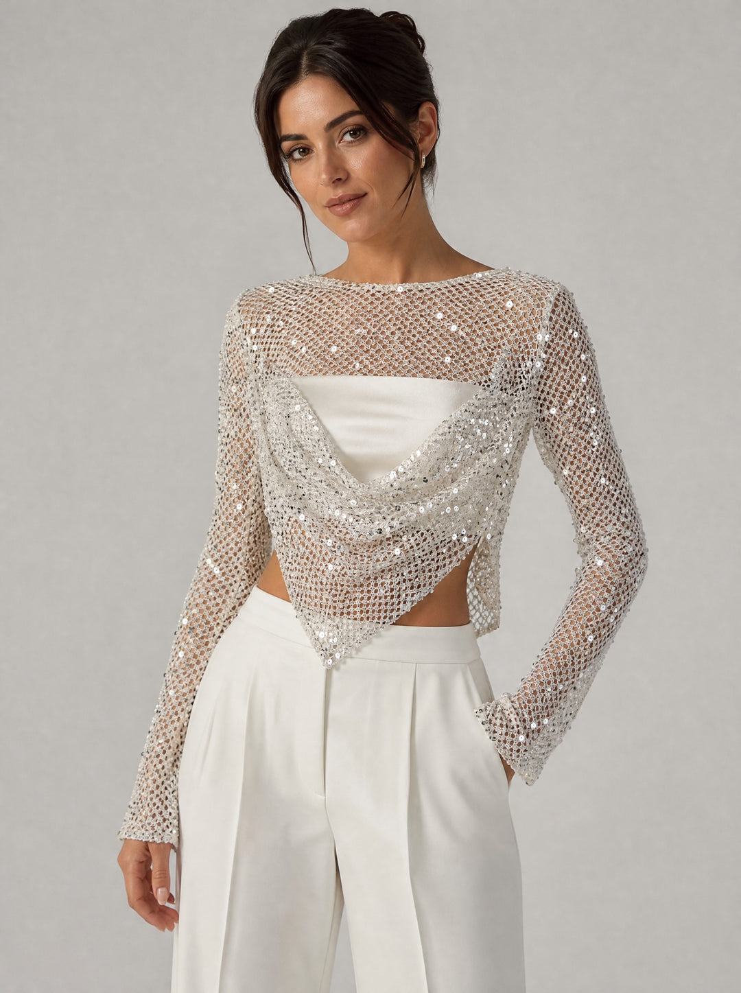 Women's Sequin Open-Back Top in ivory