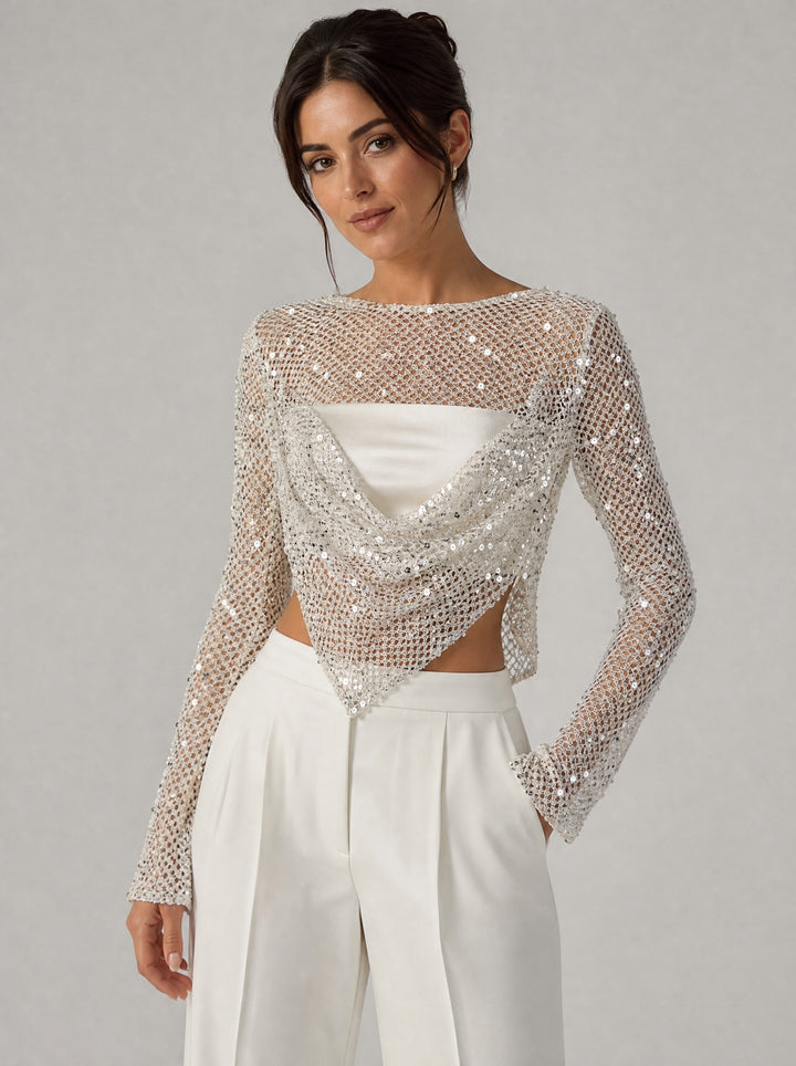 Women's Sequin Open-Back Top in ivory