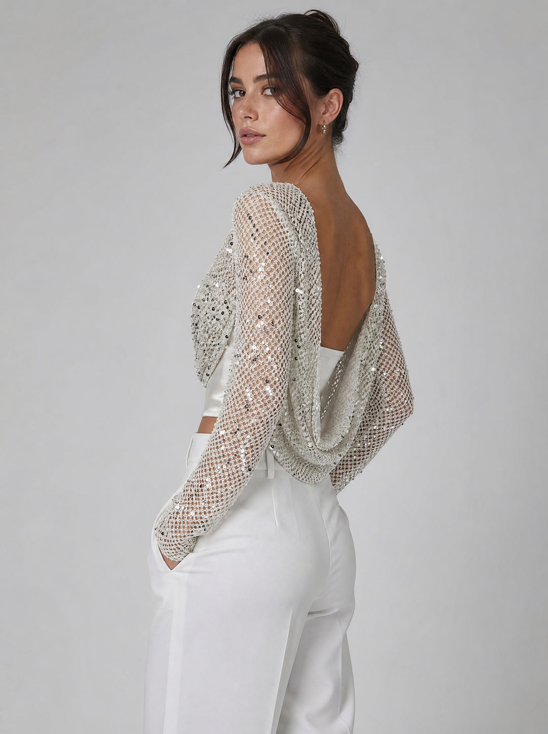 Women's Sequin Open-Back Top in ivory