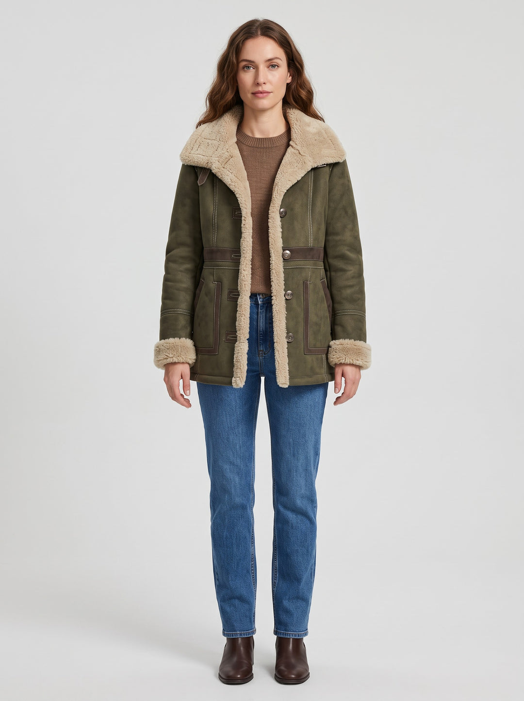 Women's Faux Shearling Lined Aviator Jacket in olive green