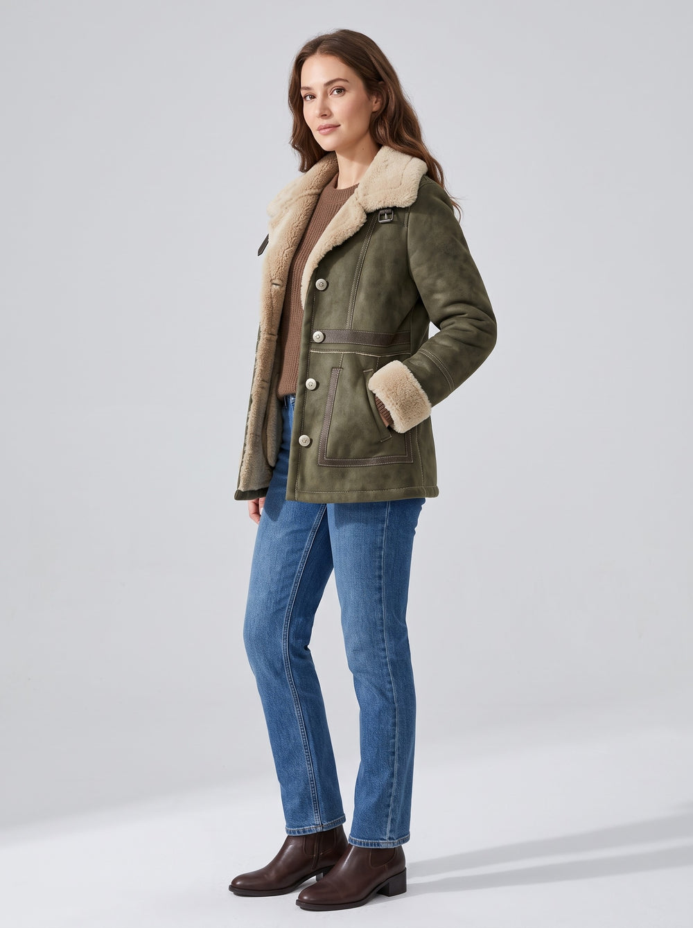 Women's Faux Shearling Lined Aviator Jacket in olive green