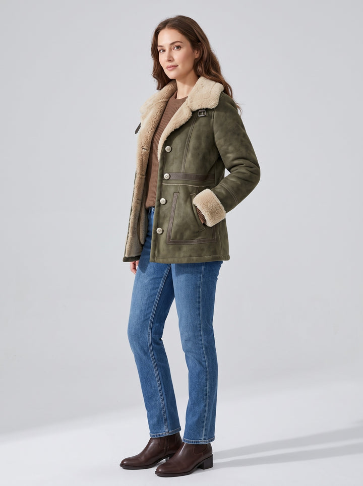 Women's Faux Shearling Lined Aviator Jacket in olive green