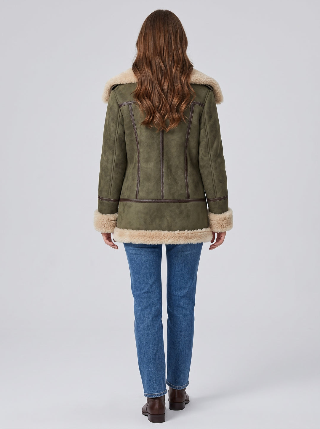 Women's Faux Shearling Lined Aviator Jacket in olive green
