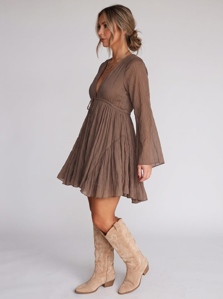 Women's Sheer Bell-Sleeve Mini Dress in brown