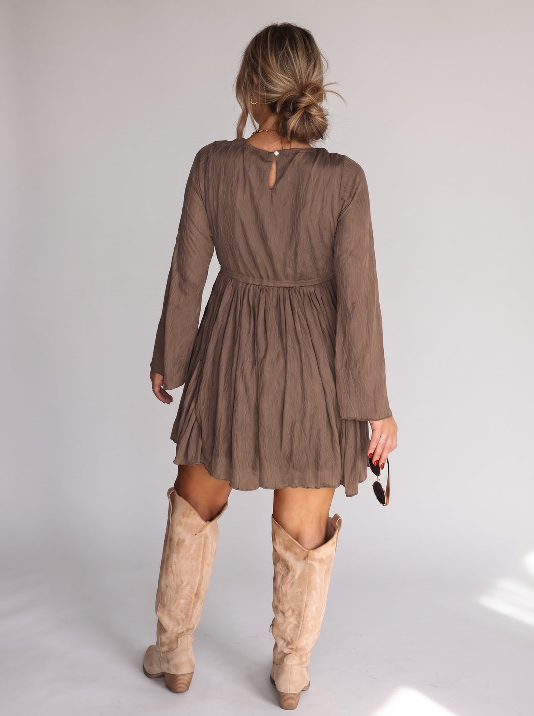 Women's Sheer Bell-Sleeve Mini Dress in brown