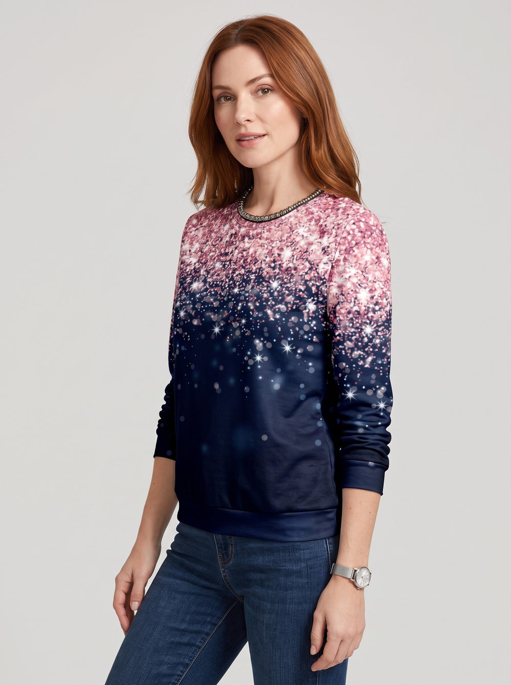 Women's Glitter Gradient Sparkle Jumper in pink & navy