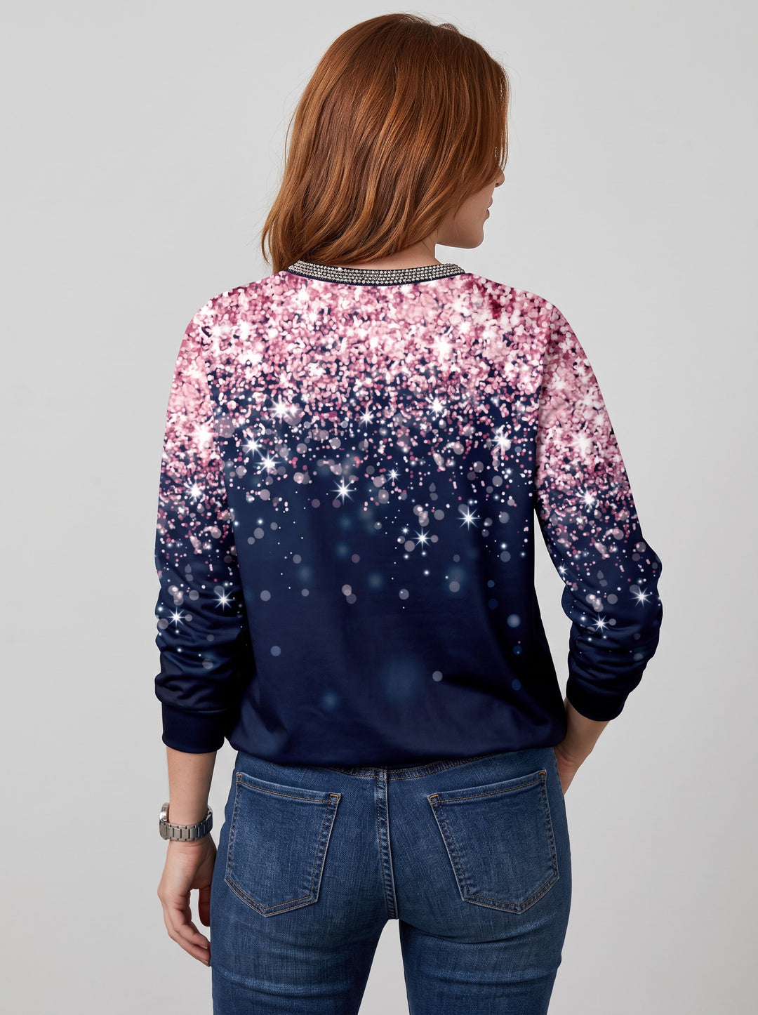 Women's Glitter Gradient Sparkle Jumper in pink & navy