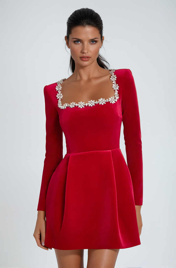 Women's square-neck mini dress with crystal-look trim and long sleeves
