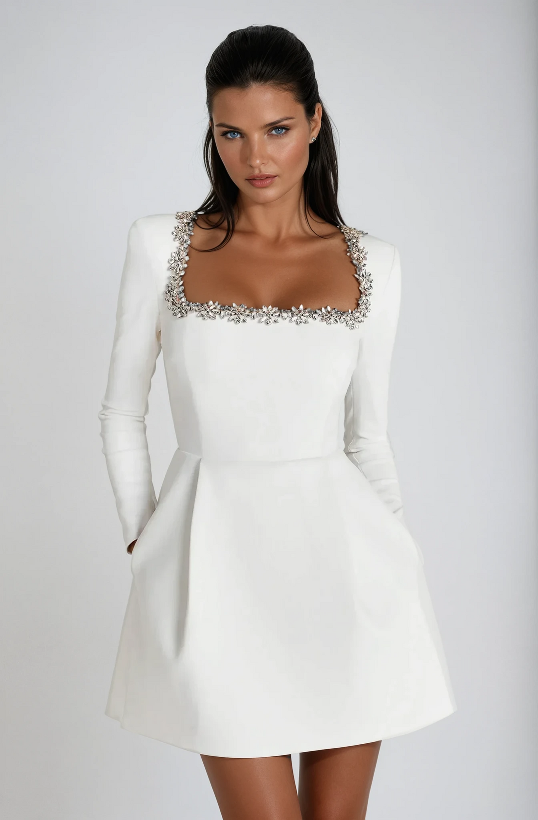 Women's square-neck mini dress with crystal-look trim and long sleeves