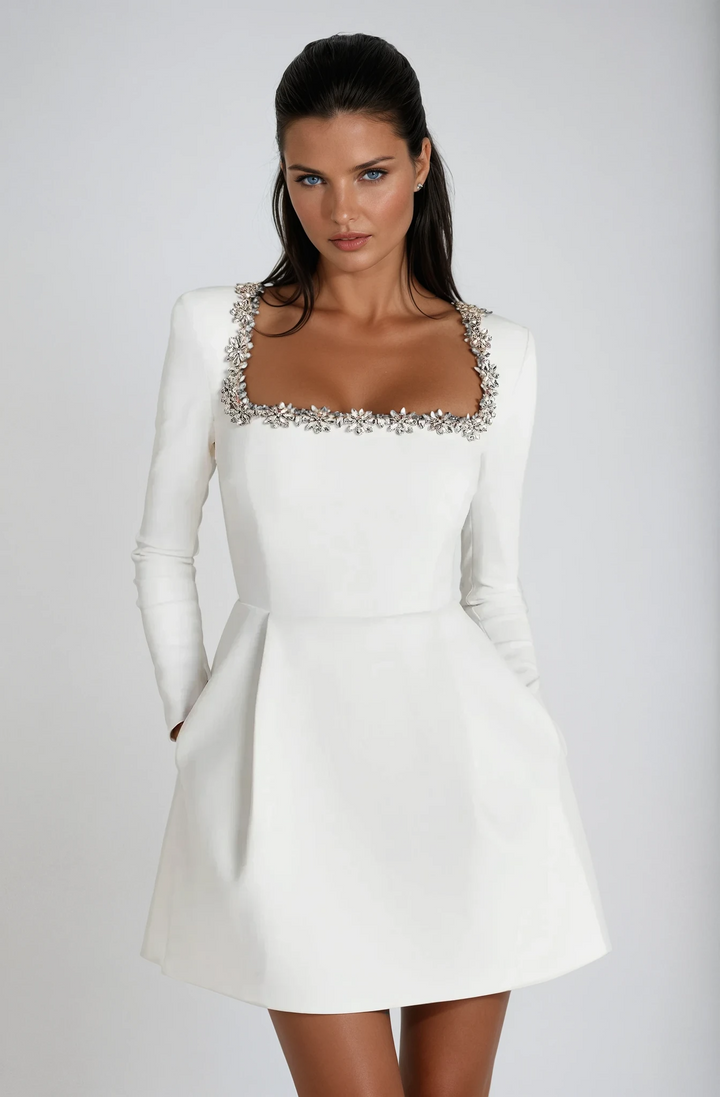 Women's square-neck mini dress with crystal-look trim and long sleeves