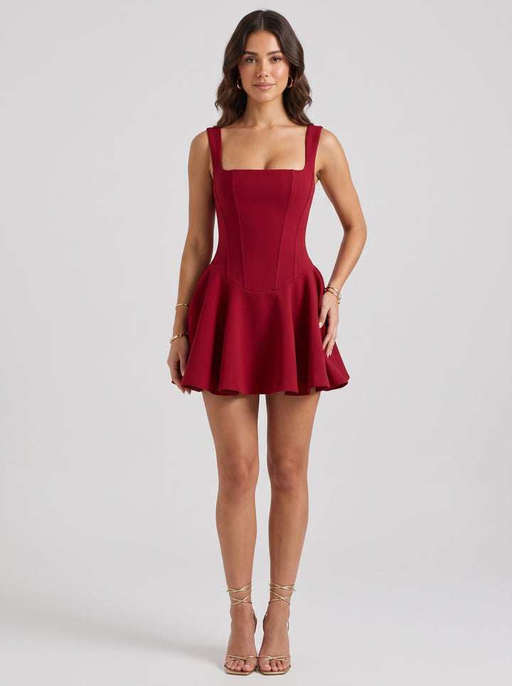 Women's Square Neck Structured Skater Mini Dress in red