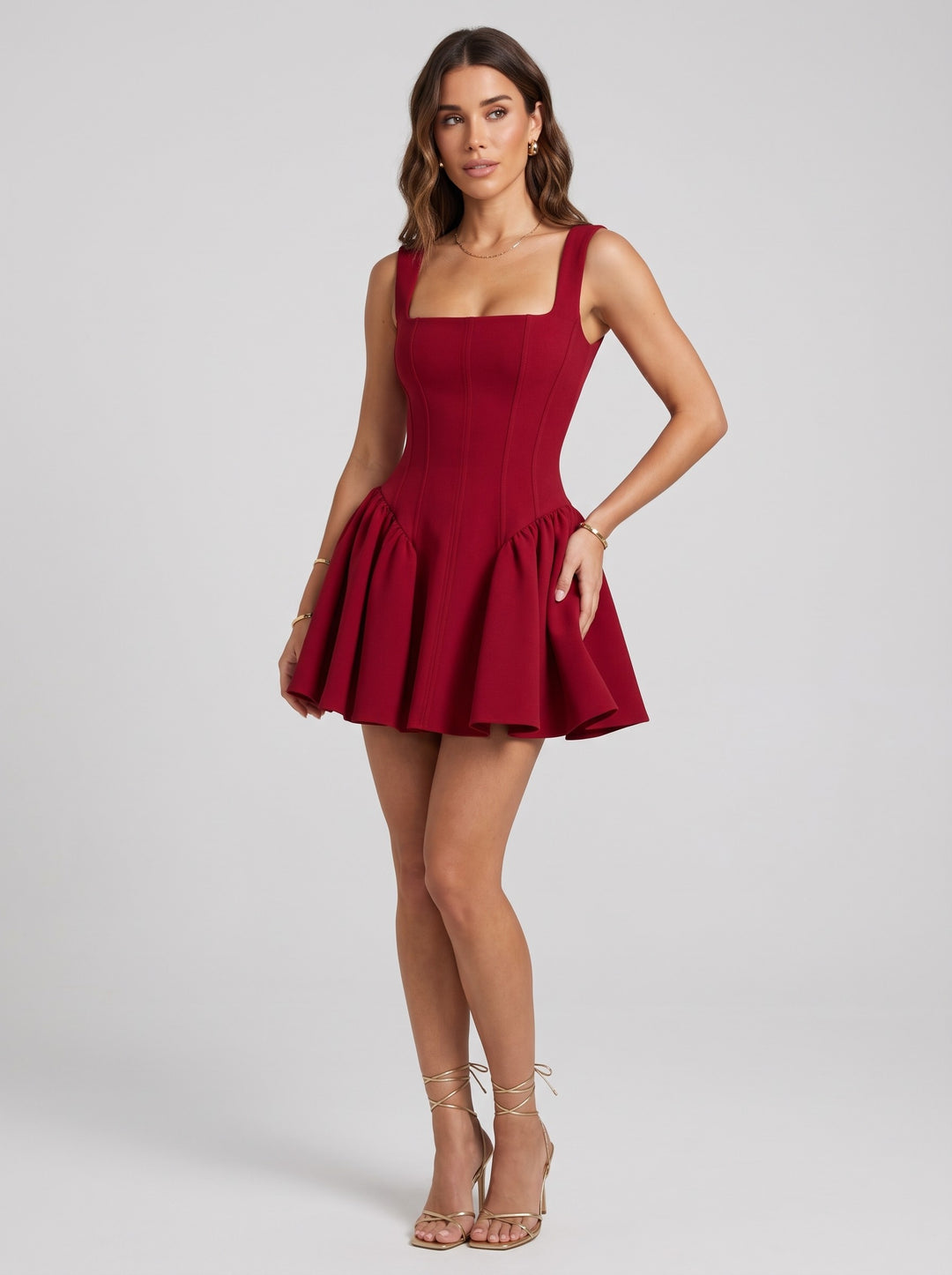 Women's Square Neck Structured Skater Mini Dress in red