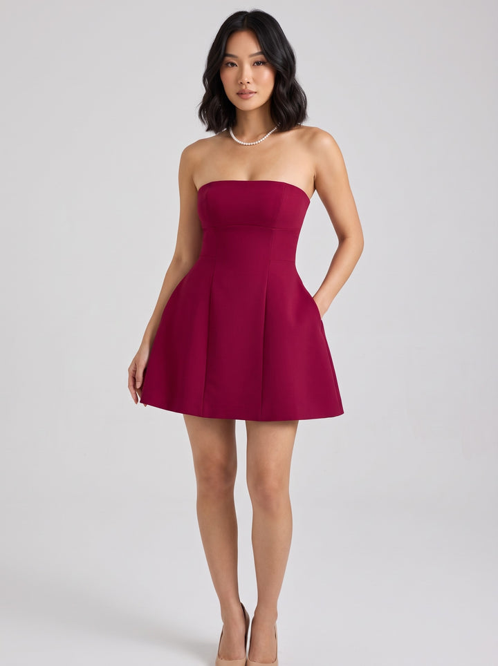 Women's Strapless Bandeau A-Line Mini Dress in burgundy