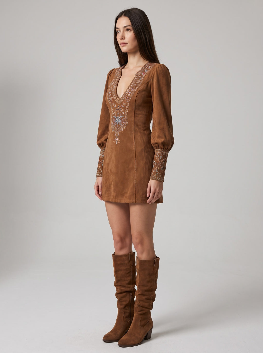 Women's Embroidered Suede-Look Mini Dress in brown