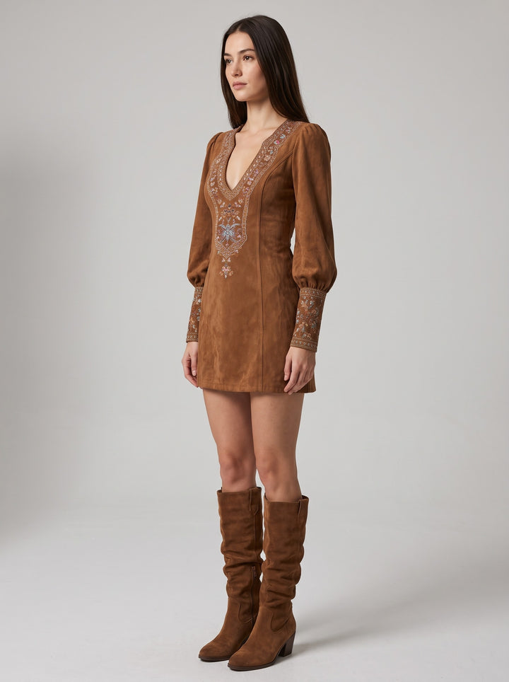 Women's Embroidered Suede-Look Mini Dress in brown