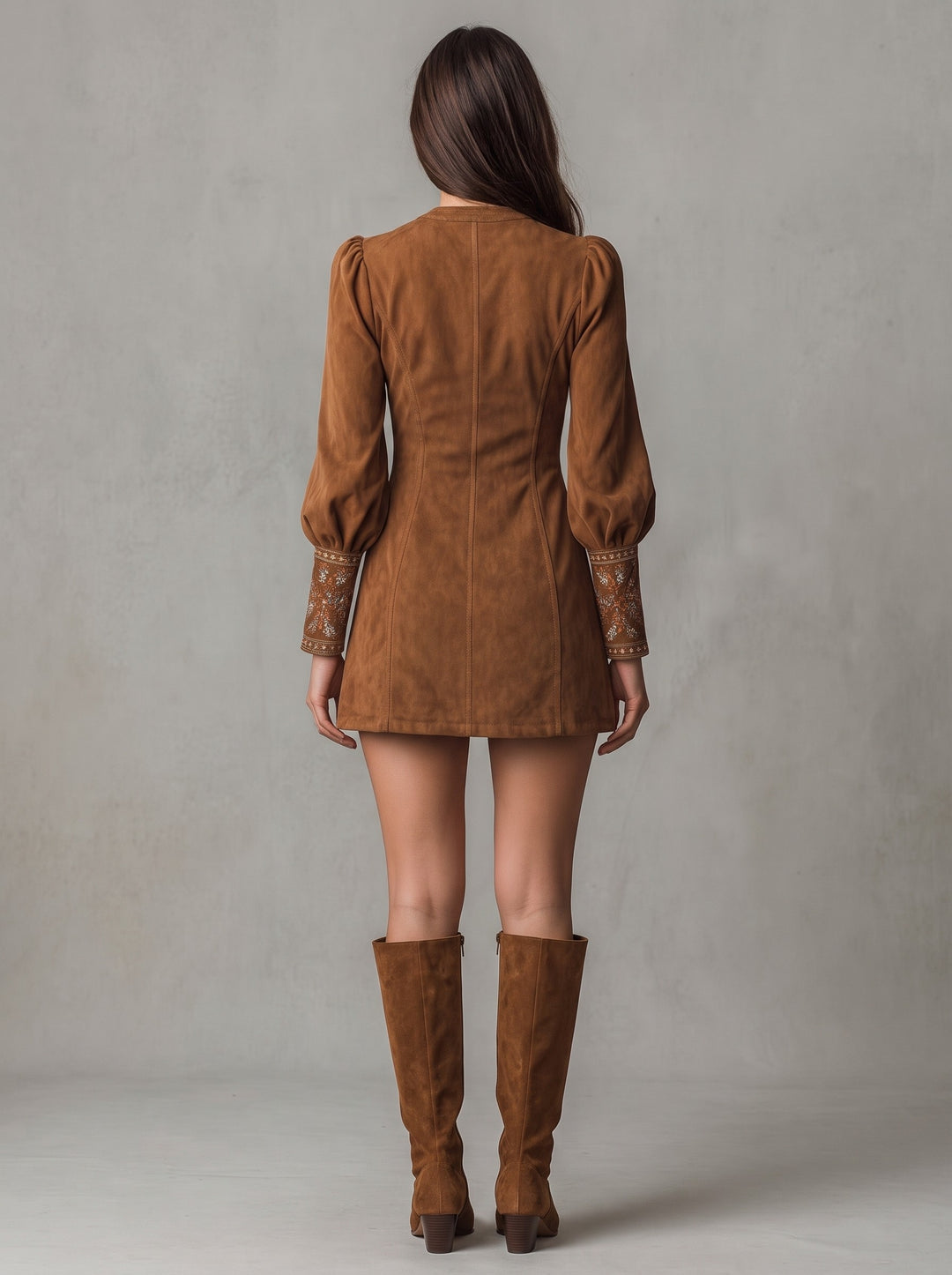 Women's Embroidered Suede-Look Mini Dress in brown