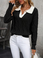 Women's cable-knit V-neck jumper with contrast collar and long sleeves