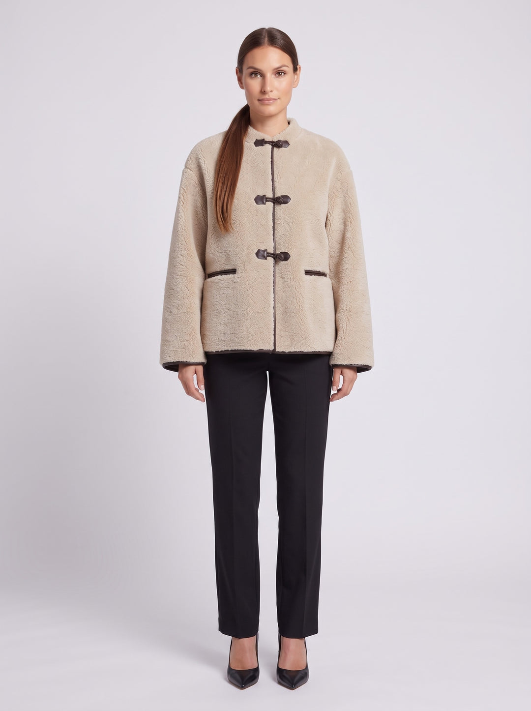 Women's Toggle Teddy Coat with Contrast Trim in beige